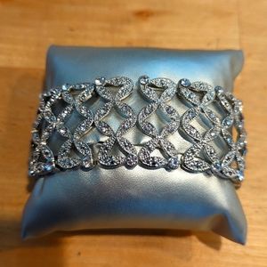 Silver Vintage Vibe Rhinestone Costume Jewelry Stretch Cuff Fancy Bracelet
